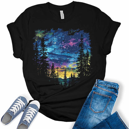 Women's Tie Dye Northern Lights Night Sky Graphic Tees