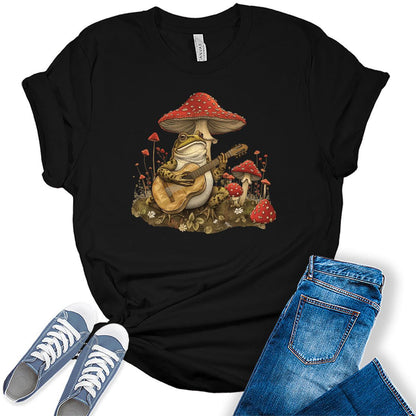 Women's Frog Mushroom T Shirt Cottagecore Bella Graphic Short Sleeve Casual Plus Size Tops