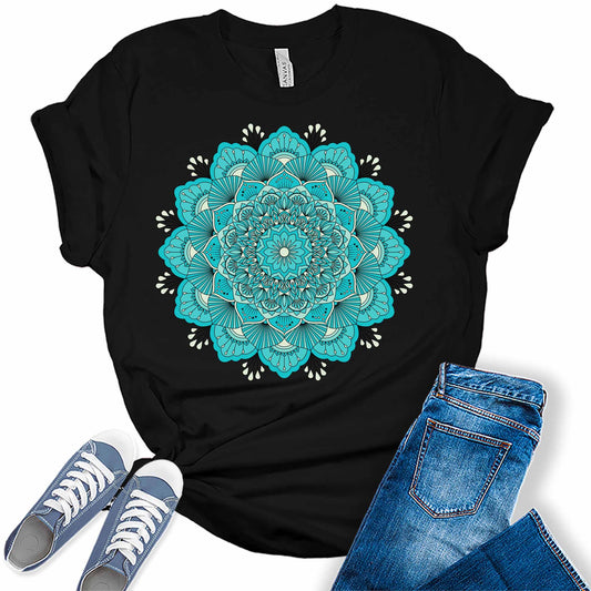 Mandala Shirt Casual Vintage Graphic Tees for Women Short Sleeve Plus Size Teal Summer Tops