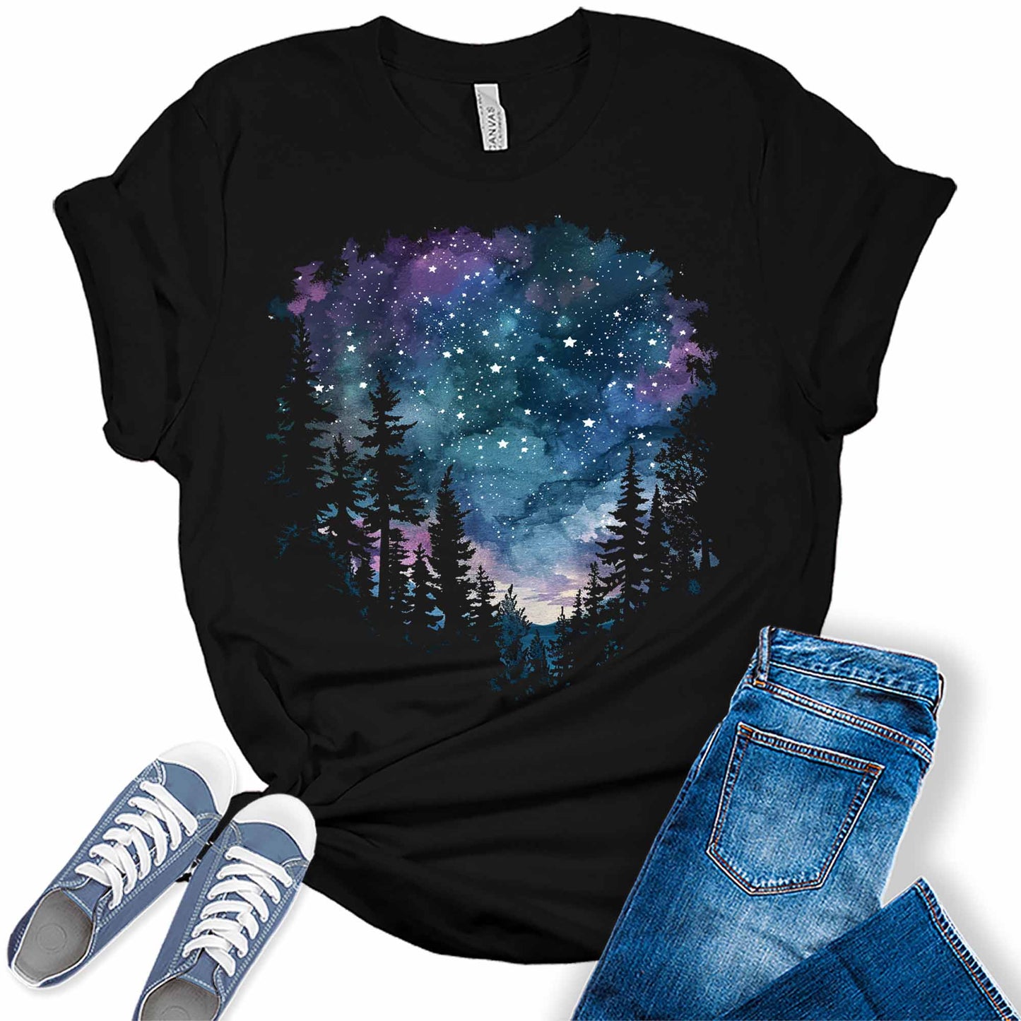 Women's Camping Northern Lights Night Sky Forest Graphic Tees