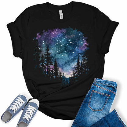 Women's Camping Northern Lights Night Sky Forest Graphic Tees