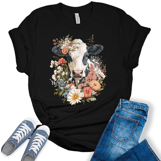 Womens Floral Shirts Wildflower Vintage Cow Graphic Tees Spring Cottagecore T Shirts Bella Summer Tops