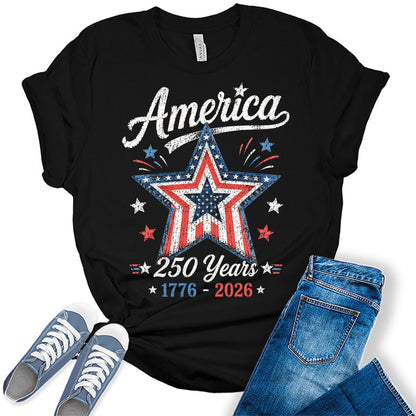 Women's 250th Anniversary USA Merchandise American Star Shirt 4th of July Vintage Patriotic Graphic Tees