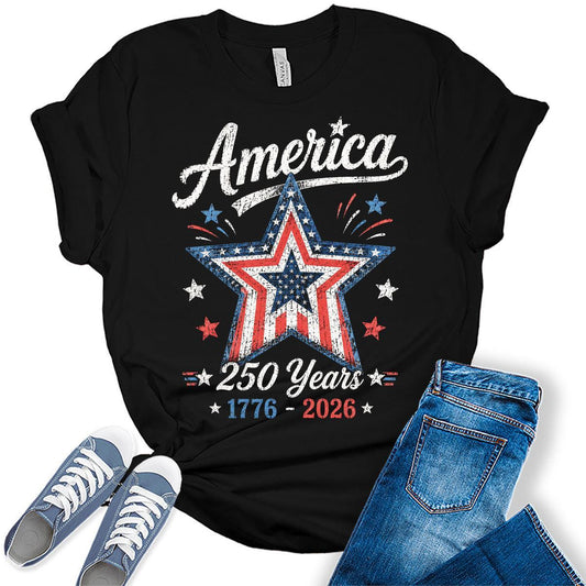 Women's 250th Anniversary USA Merchandise American Star Shirt 4th of July Vintage Patriotic Graphic Tees