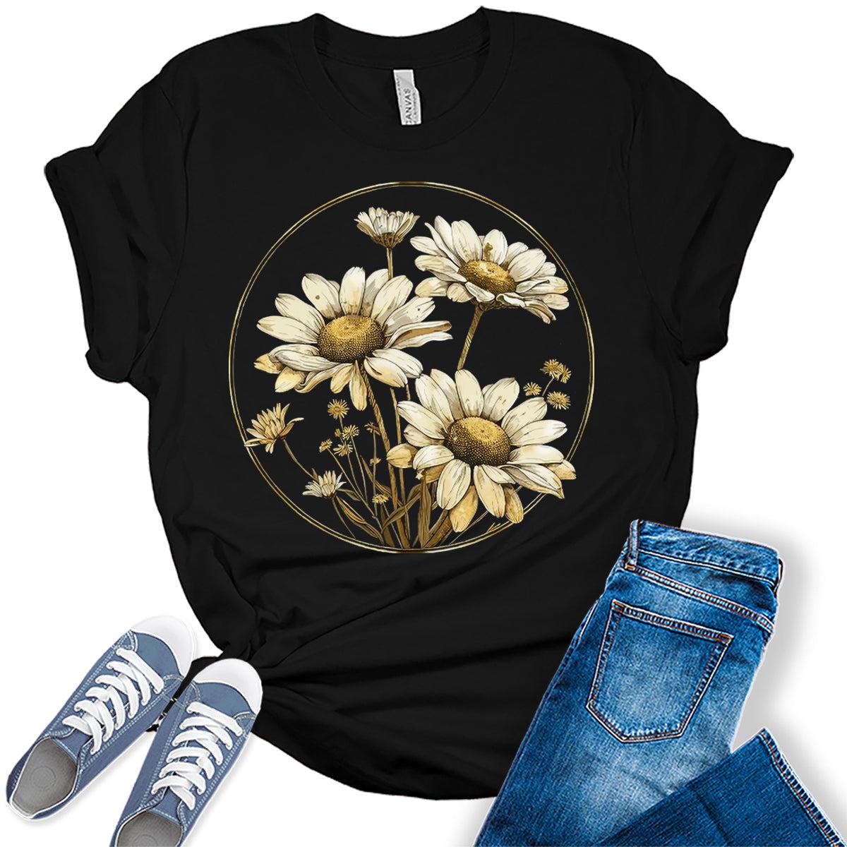 Women's Vintage Floral Daisy T Shirt Boho Wildflower Graphic Loose Tees Short Sleeve Casual Tops