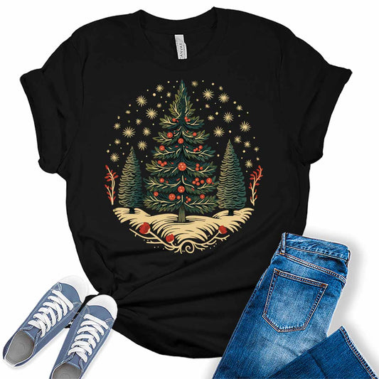 Vintage Boho Christmas Tree Shirts for Women Plus Size Holiday Graphic Tees