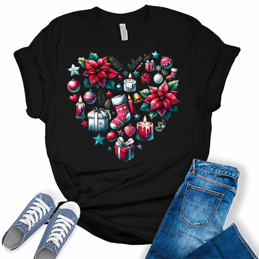 Christmas Shirts for Women Cute Heart Tshirt Holiday Graphic Tees