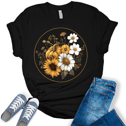 Women's Fall Vintage Pumpkin T Shirt Floral Graphic Tees Plus Size Tops