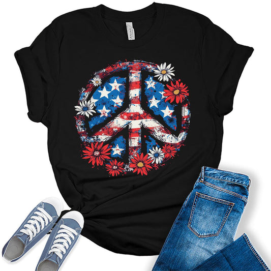 Womens 4th of July Peace Shirt Floral American Flag T-Shirts Patriotic Graphic Tees