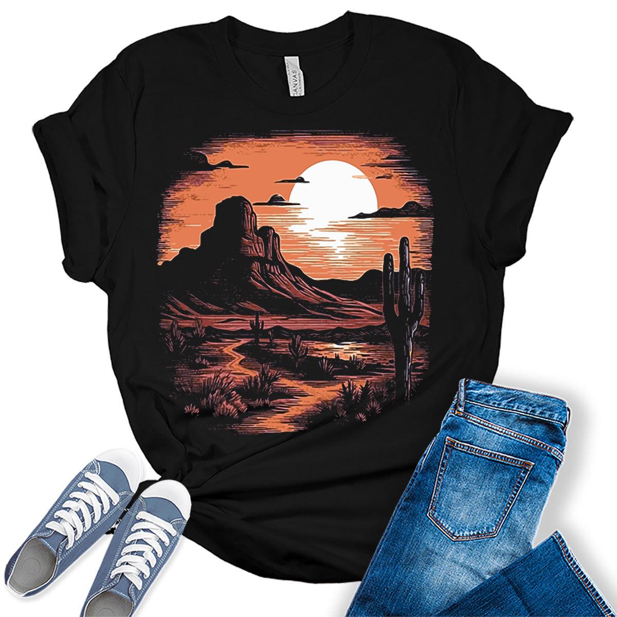 Womens Western Vintage Shirts Casual Desert Cactus Tshirts Cute Country Short Sleeve Graphic Tees Plus Size Tops for Women