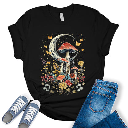 Women's Fall Mushroom Shirts Floral Boho Moon Graphic Tees Autumn Plus Size Tops