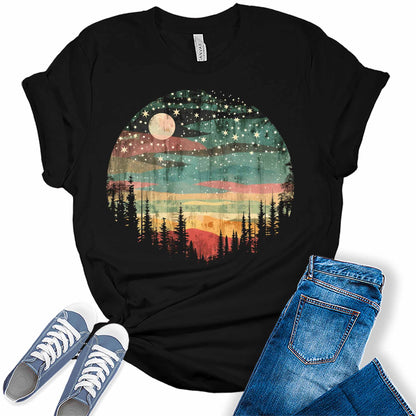 Womens Retro Circle Sunset Forest Camping Hiking Graphic Tees