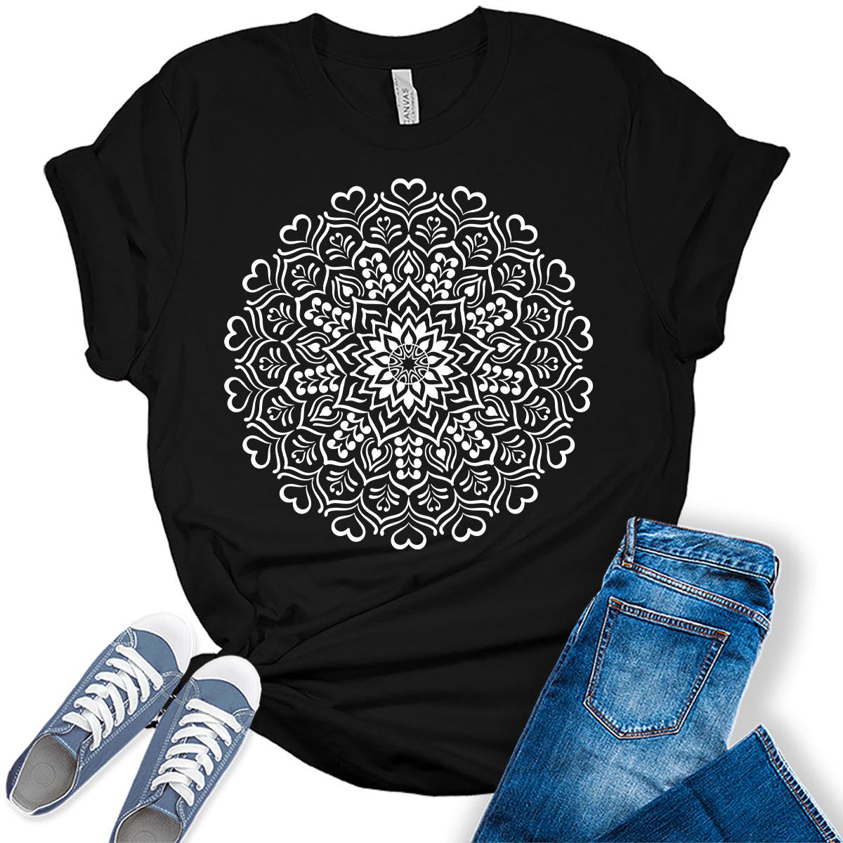 Heart Mandala Shirt Casual Vintage Graphic Tees for Women Short Sleeve Plus Size Summer Tops