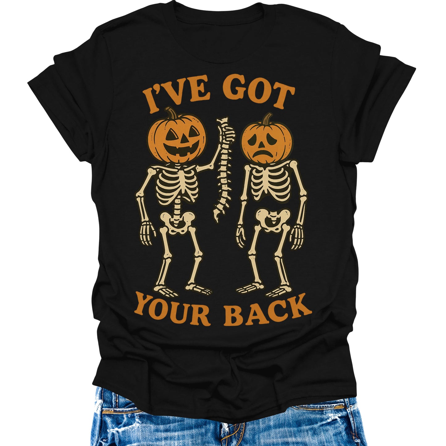 I've Got Your Back T- Shirt Halloween Skeleton Pumpkin Shirts Womens Fall Cute Graphic Tees