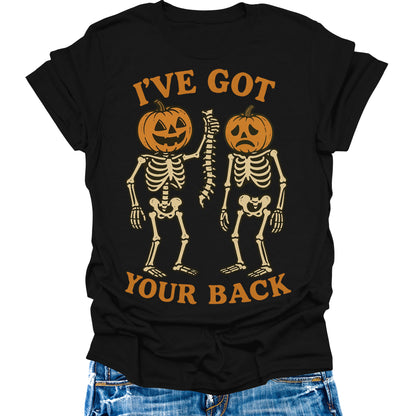 I've Got Your Back T- Shirt Halloween Skeleton Pumpkin Shirts Womens Fall Cute Graphic Tees