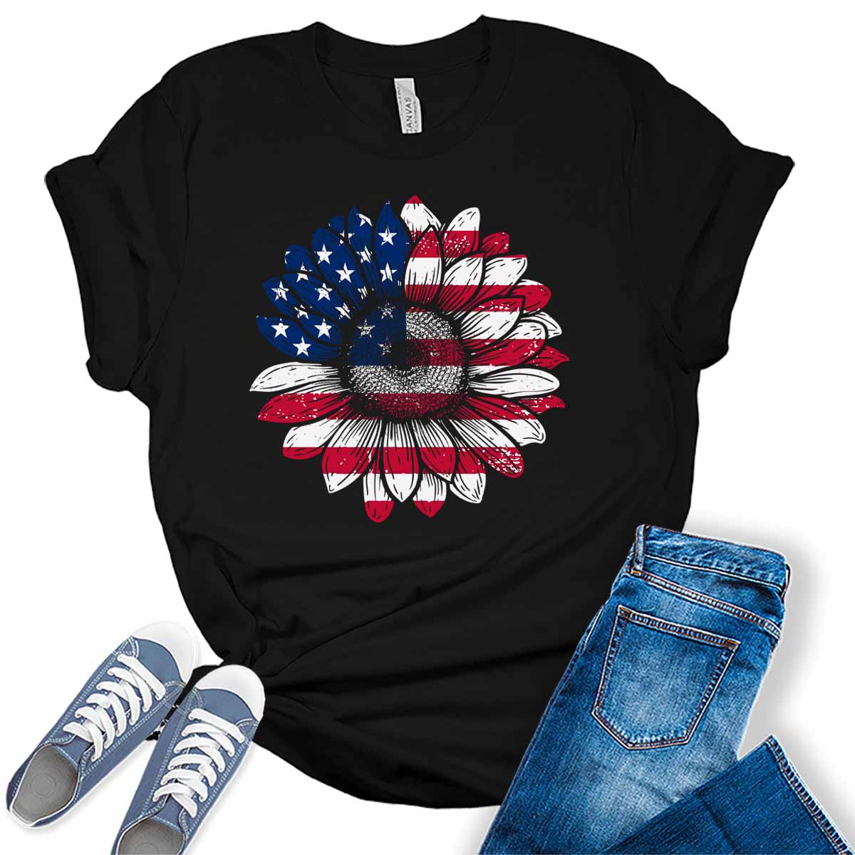 Sunflower American Flag Patriotic Women's 4th Of July Graphic Tee