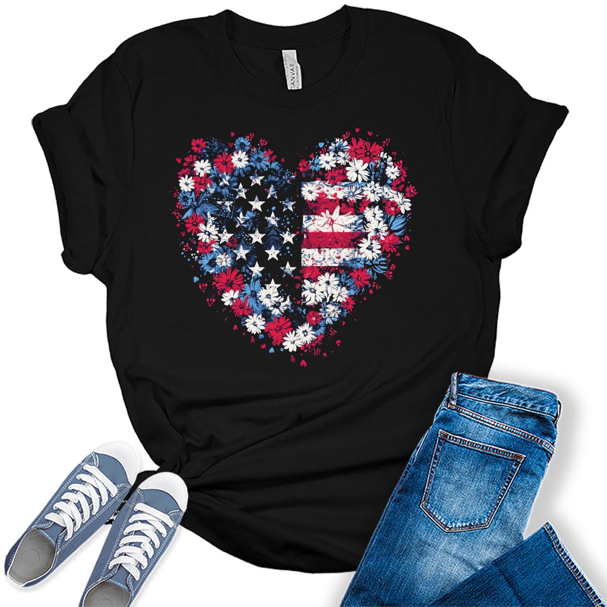 Womens 4th of July Heart Shirt American Flag T-Shirt Patriotic Graphic Tees for Women