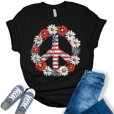 4th of July Flower Peace Sign Graphic Tees for Women
