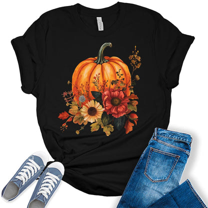 Trendy Fall Pumpkin Flower Graphic Tees For Women