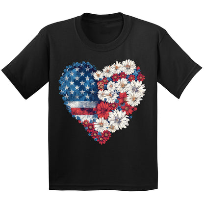 4th Of July Heart Flower American Flag Graphic Tee for Youth