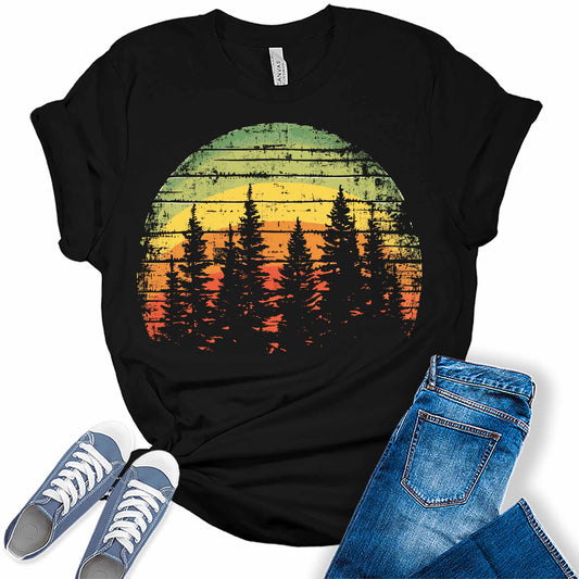 Trendy Hiking Pine Trees Sunset Womens Graphic Tees