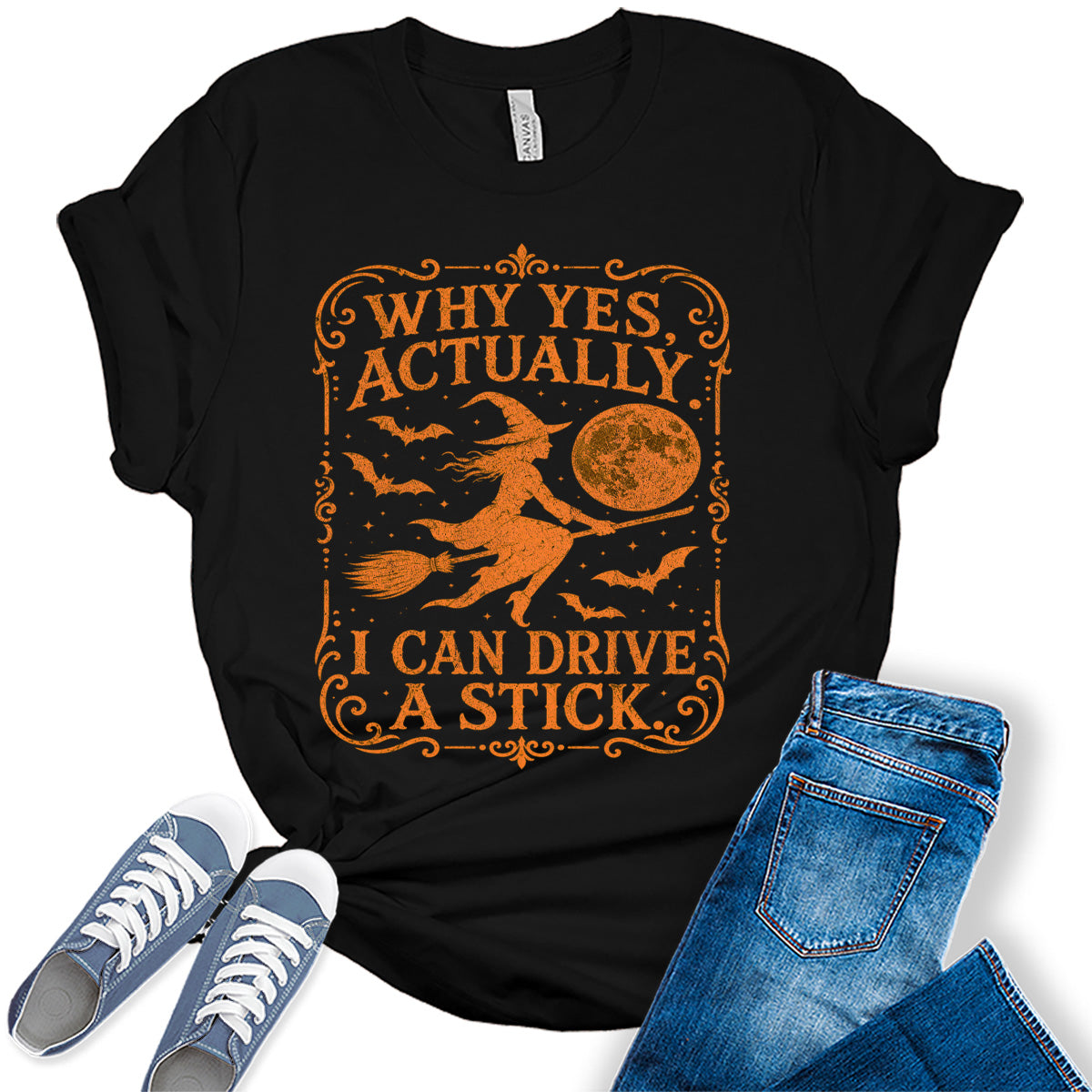 Women's Halloween Shirt Witch Graphic Tees Funny Witch Drive A Stick Sarcastic Short Sleeve Bella Tops