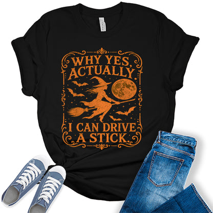 Women's Halloween Shirt Witch Graphic Tees Funny Witch Drive A Stick Sarcastic Short Sleeve Bella Tops