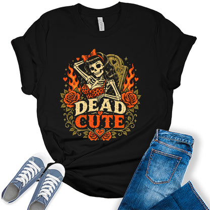 Women's Halloween Shirt Funny Skeleton Graphic Tees Short Sleeve Bella Tops