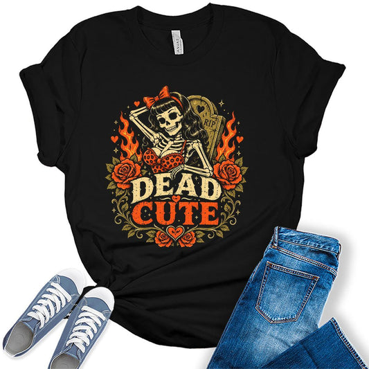 Women's Halloween Shirt Funny Skeleton Graphic Tees Short Sleeve Bella Tops