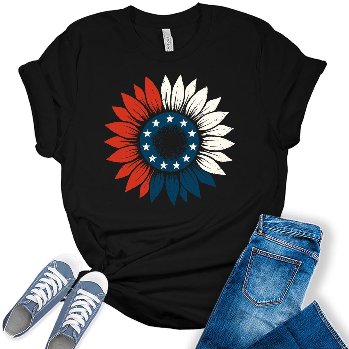 4th of July Shirts For Women Patriotic Graphic Tees Sunflower Bella Plus Sized Tops