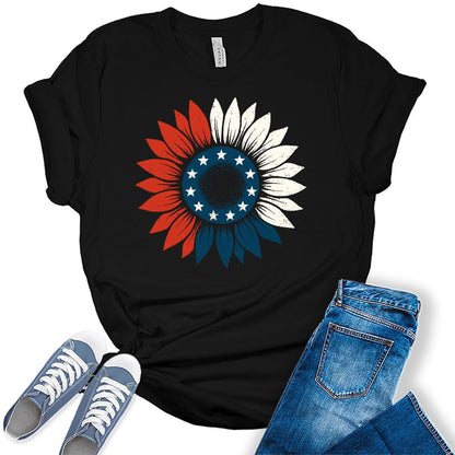 4th of July Shirts For Women Patriotic Graphic Tees Sunflower Bella Plus Sized Tops