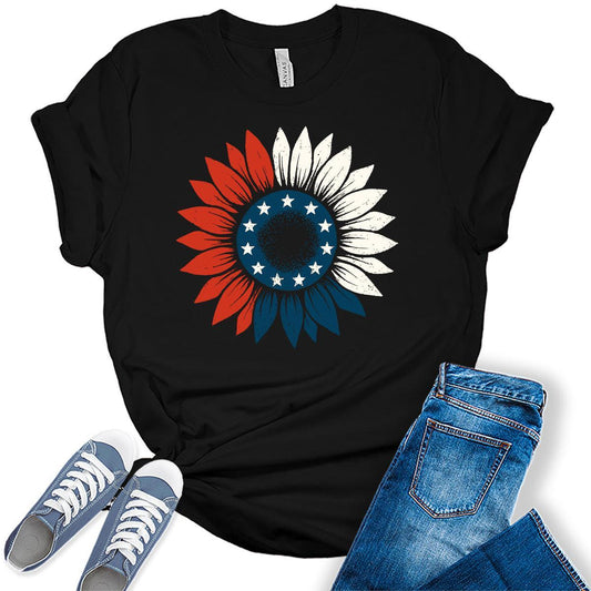 4th of July Shirts For Women Patriotic Graphic Tees Sunflower Bella Plus Sized Tops