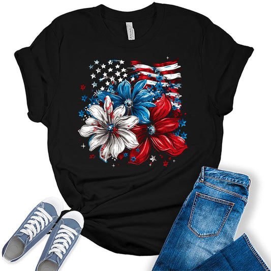 Womens 4th of July Flower Shirt American Flag T-Shirt Patriotic Graphic Tees
