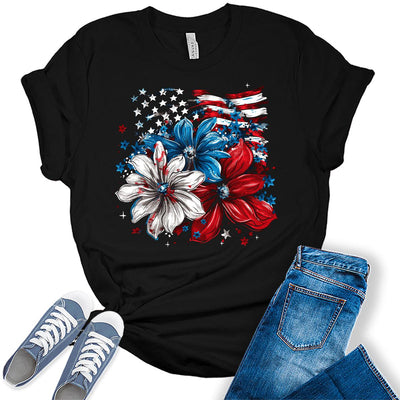 4th of July Flower US Flag Patriotic Graphic Tees for Women