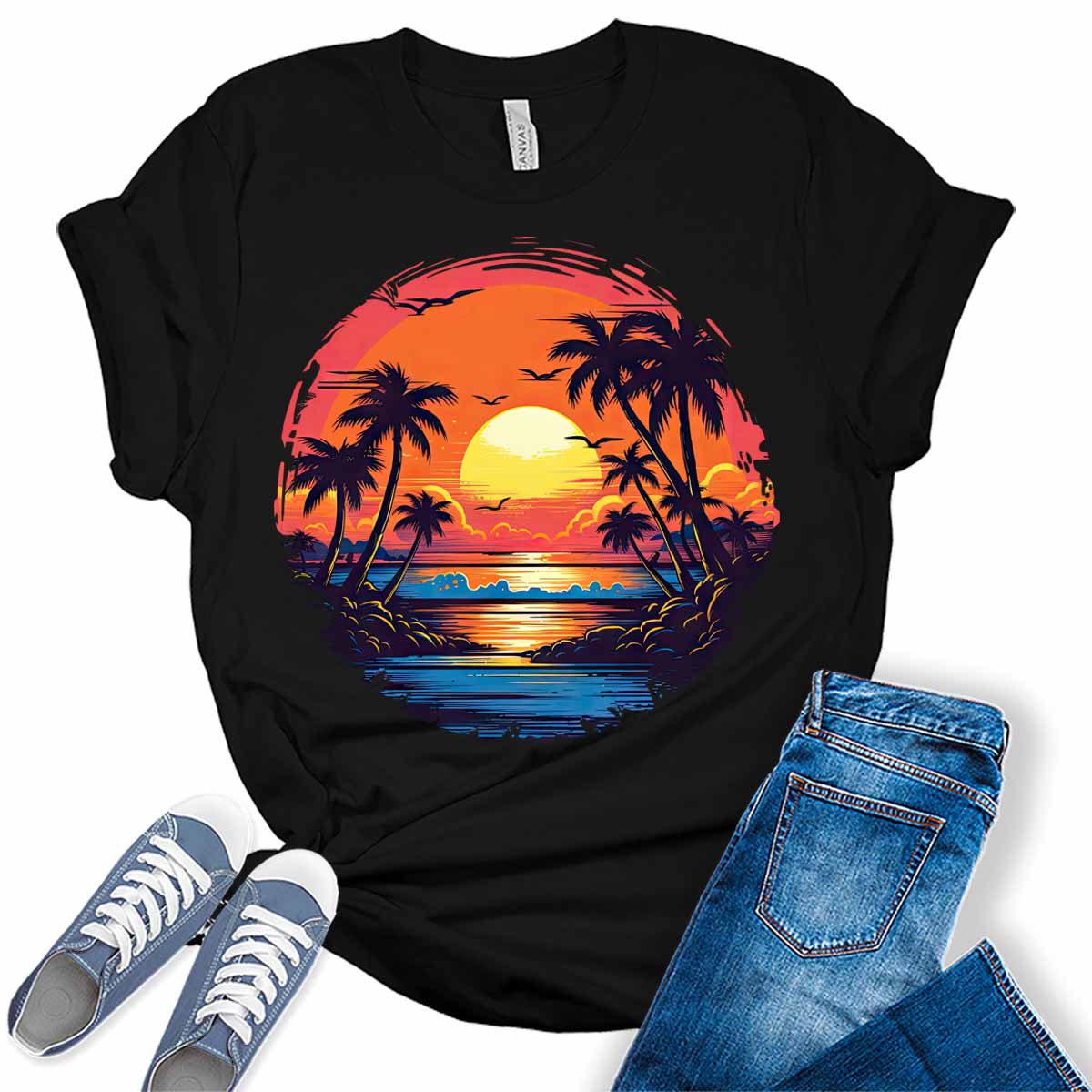Womens Beach Shirt Casual Palm Tree Tshirt Tropical Bella Graphic Tees Short Sleeve Summer Tops