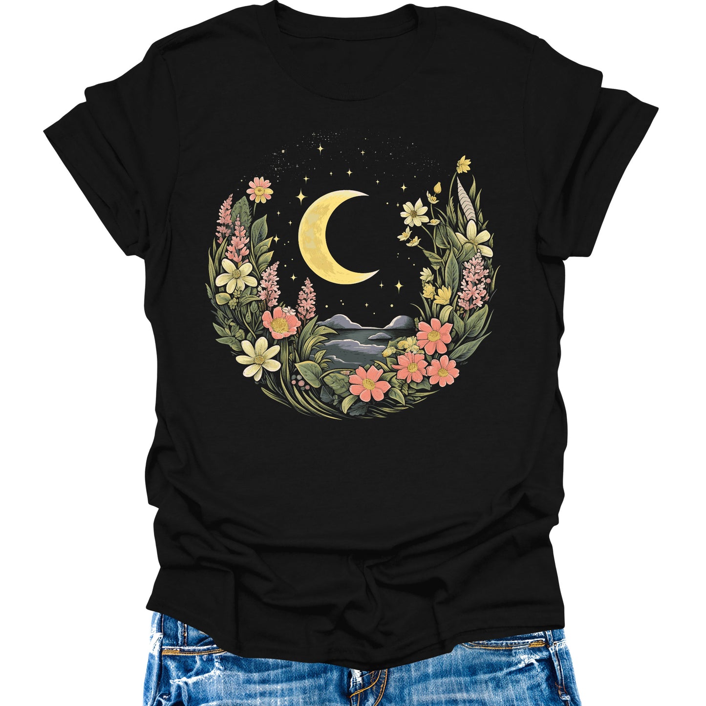 Women's Boho Shirt Wildflower Crescent Moon Vintage Floral Botanical Graphic Tees Short Sleeve Tops