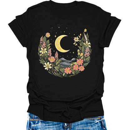 Women's Boho Shirt Wildflower Crescent Moon Vintage Floral Botanical Graphic Tees Short Sleeve Tops