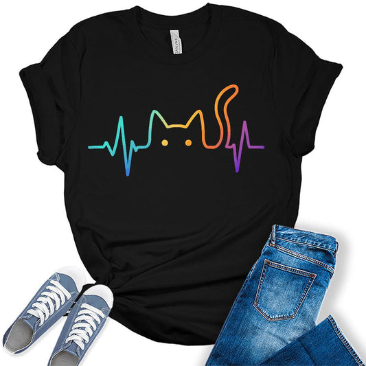 Heartbeat Cat Lover Animal Silhouette Cute Cat T-Shirt Funny Novelty Bella Plus Sized Tops