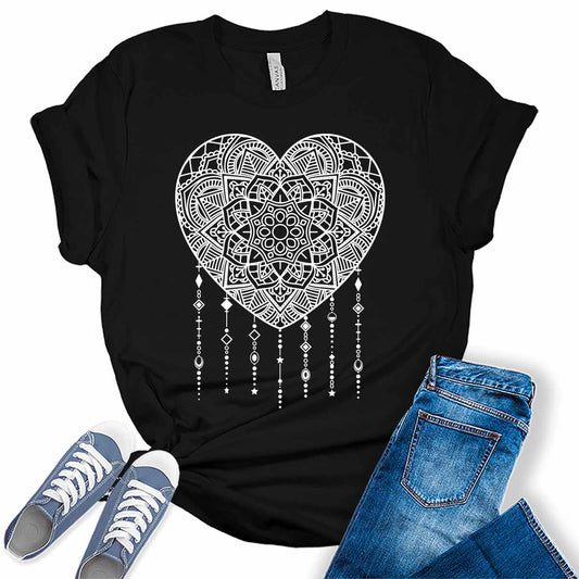Mandala Heart T Shirt Cute Womens Summer Tops Casual Plus Size Graphic Tees