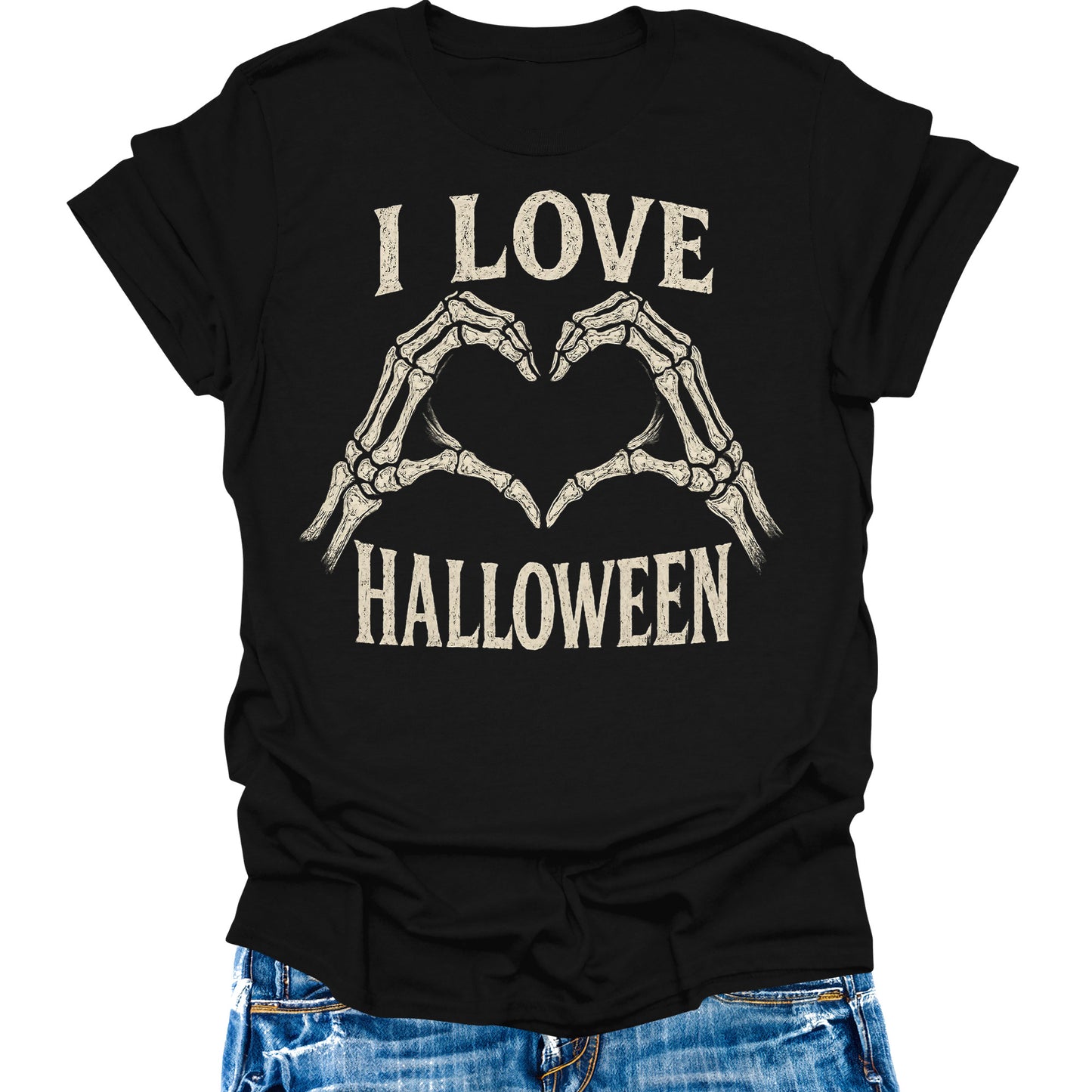 I Love Halloween T- Shirt Skeleton Heart Shirts Womens Fall Cute Graphic Tees