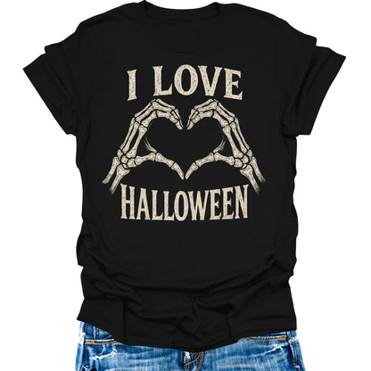 I Love Halloween T- Shirt Skeleton Heart Shirts Womens Fall Cute Graphic Tees