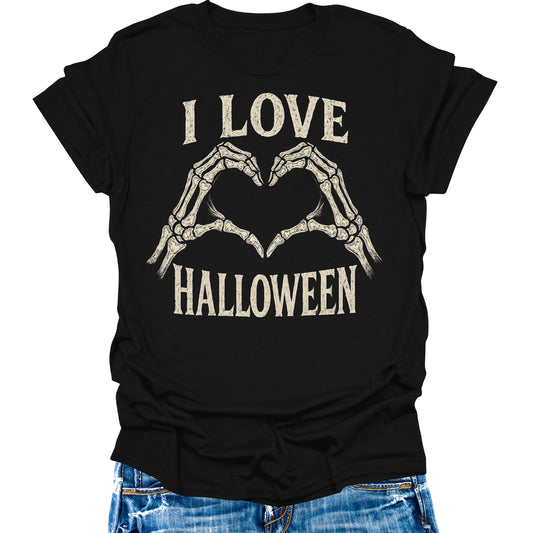 I Love Halloween T- Shirt Skeleton Heart Shirts Womens Fall Cute Graphic Tees