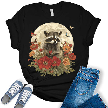 Womens Raccoon Fall Floral Moon Butterflies Graphic Tees