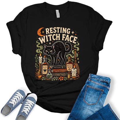 Women's Halloween Shirt Funny Cat Graphic Tees Resting Witch Face Short Sleeve Bella Fall Tops