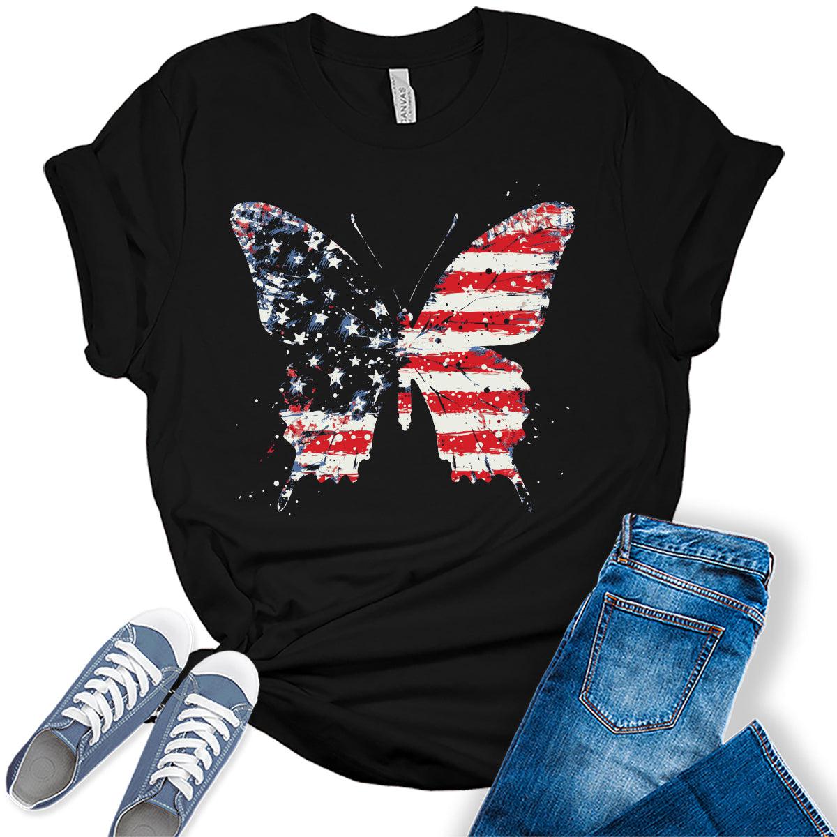 Womens 4th of July Butterfly Shirt Patriotic USA Flag T-Shirt Trendy Summer Graphic Tees