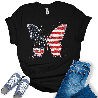 Womens 4th of July Butterfly Shirt Patriotic USA Flag T-Shirt Trendy Summer Graphic Tees