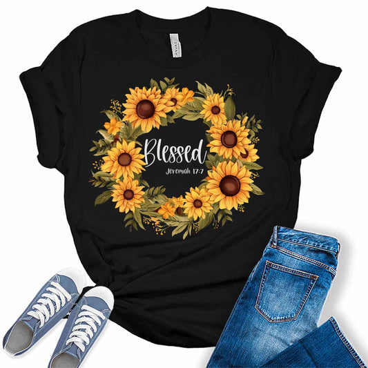 Christian Shirts for Women Blessed T Shirt Letter Print Sunflower Top Floral Wreath Women's Religious Graphic Tee