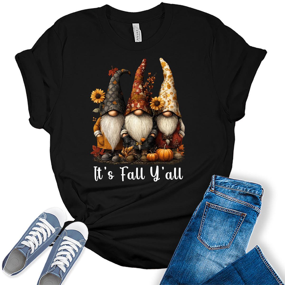 It's Fall Y'all Gnomes Shirts Women's Graphic Tees Autumn Vintage Boho T Shirts Bella Plus Size Tops