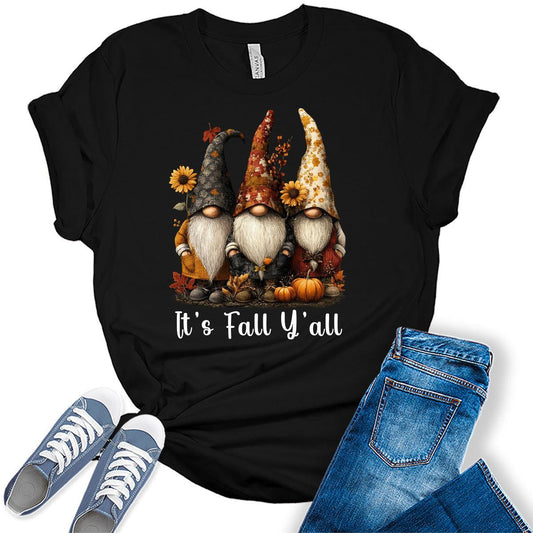 It's Fall Y'all Gnomes Shirts Women's Graphic Tees Autumn Vintage Boho T Shirts Bella Plus Size Tops