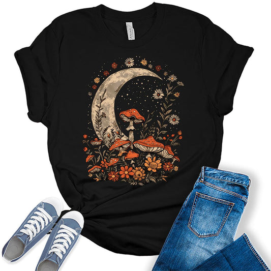 Womens Mushroom Floral Shirts Trendy Wildflower Vintage Graphic Tees Casual Short Sleeve Summer T Shirts